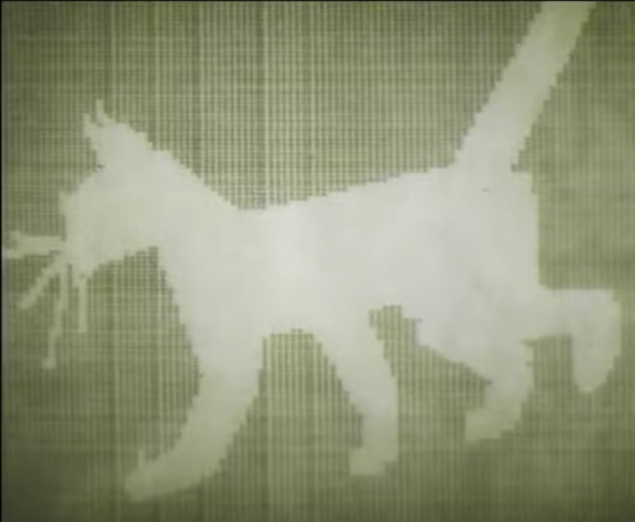 Light silhouette of the walking cat formed from a grid of printed characters